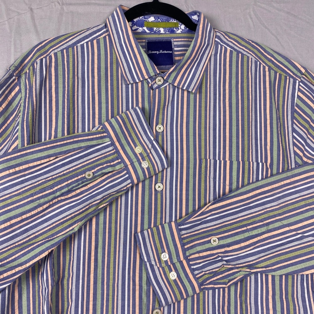 Tommy Bahama Vertical Multi Stripe Button Down Shirt Mens L Blue Cotton Casual
